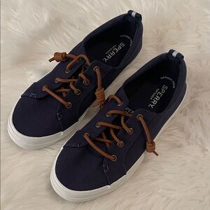 Sperry Slip On Top Sider Dark Blue Canvas Shoes with Brown Leather Laces